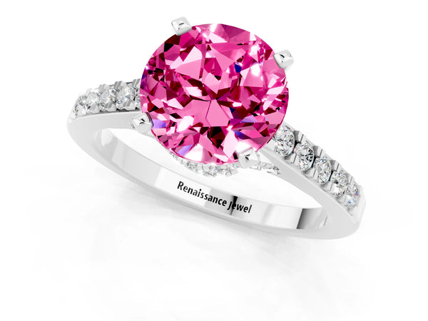 Silver Round Cut Pink Sapphire Solitaire Ring with Crossover Gallery and Round  Pavé Band