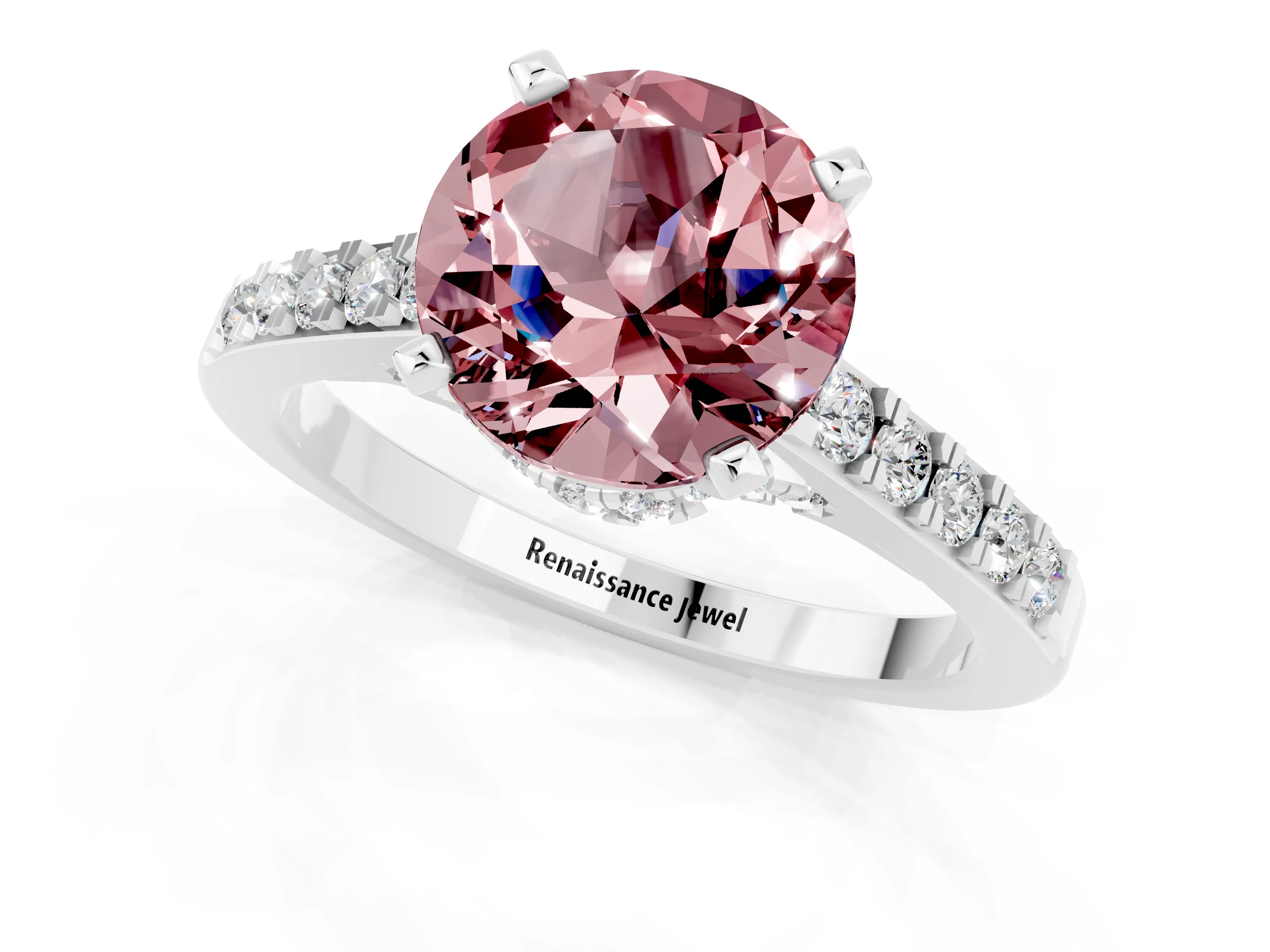 White gold Round Cut Diamond Solitaire Ring with Pavé Band and Prong Setting_1