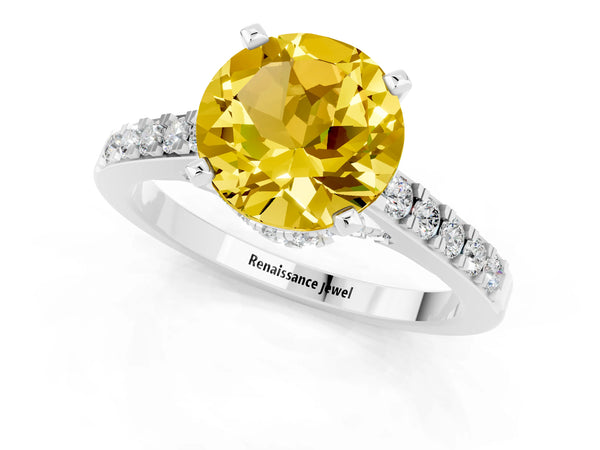 Silver Round Cut Yellow Sapphire Solitaire Ring with Crossover Gallery and Round  Pavé Band