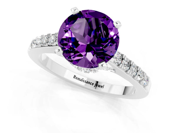 Platinum Round Cut Amethyst Solitaire Ring with Crossover Gallery and Round  Pavé Band