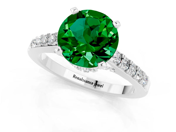 Silver Round Cut Emerald Solitaire Ring with Crossover Gallery and Round  Pavé Band