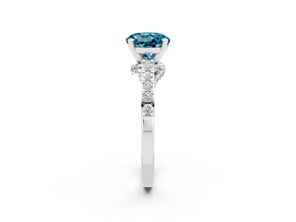 Platinum Round Cut Blue Topaz Solitaire Ring with Crossover Gallery and Round  Pavé Band