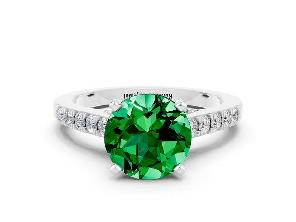 Silver Round Cut Emerald Solitaire Ring with Crossover Gallery and Round  Pavé Band