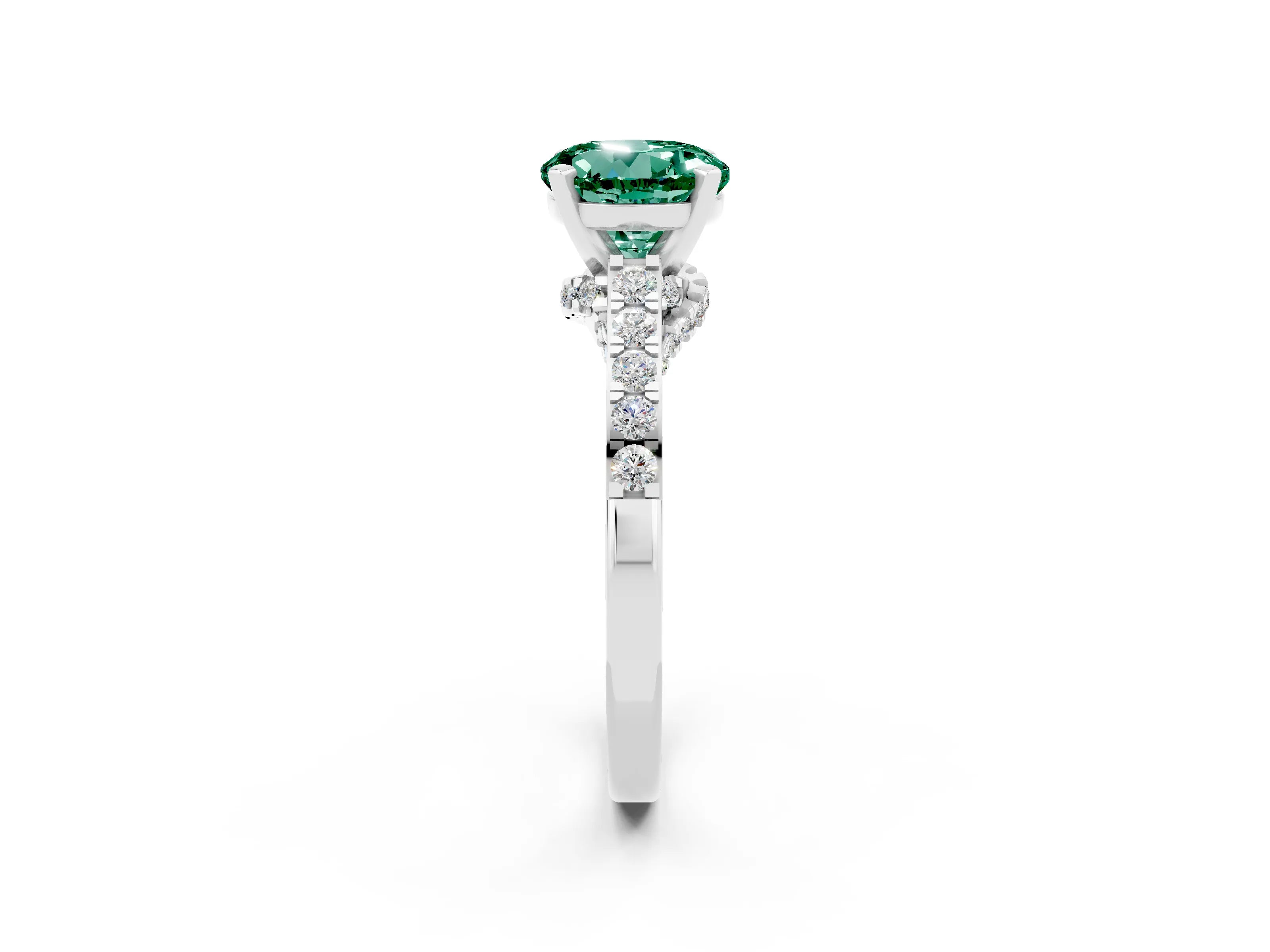 White gold Round Cut Diamond Solitaire Ring with Pavé Band and Prong Setting_2