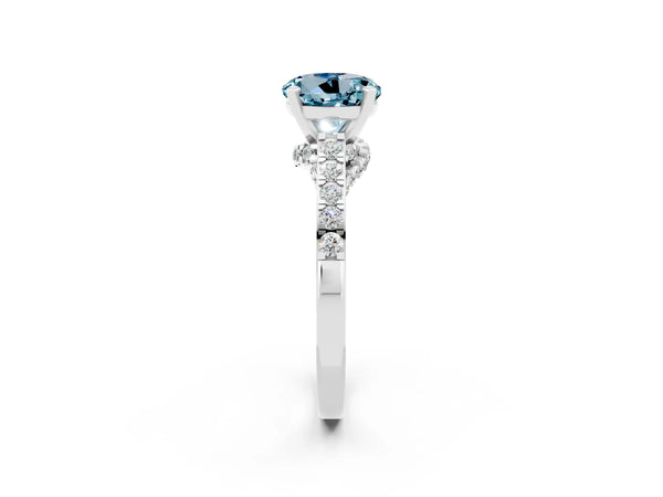 Silver Round Cut Aquamarine Solitaire Ring with Crossover Gallery and Round  Pavé Band