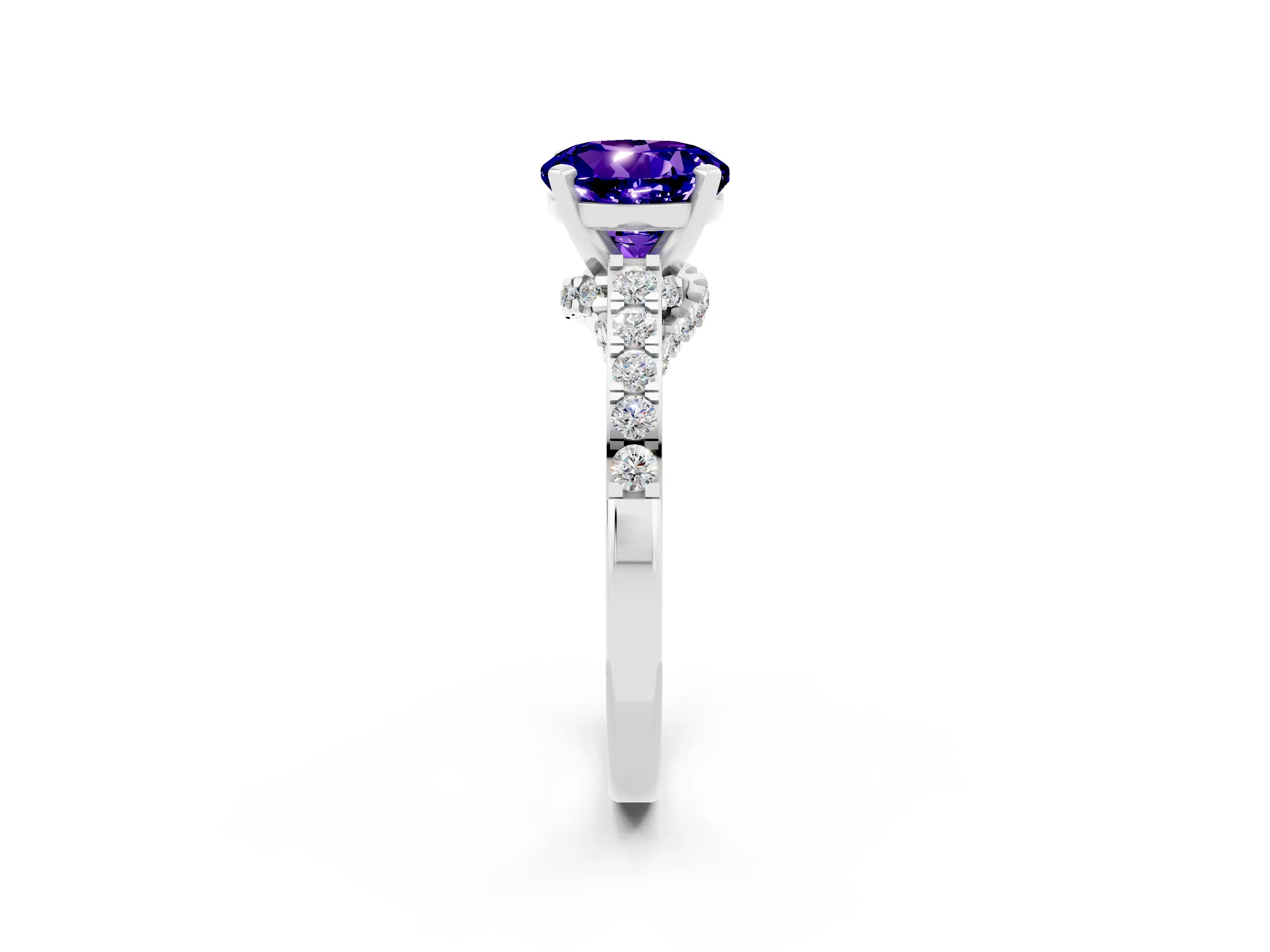 White gold Round Cut Diamond Solitaire Ring with Pavé Band and Prong Setting_2
