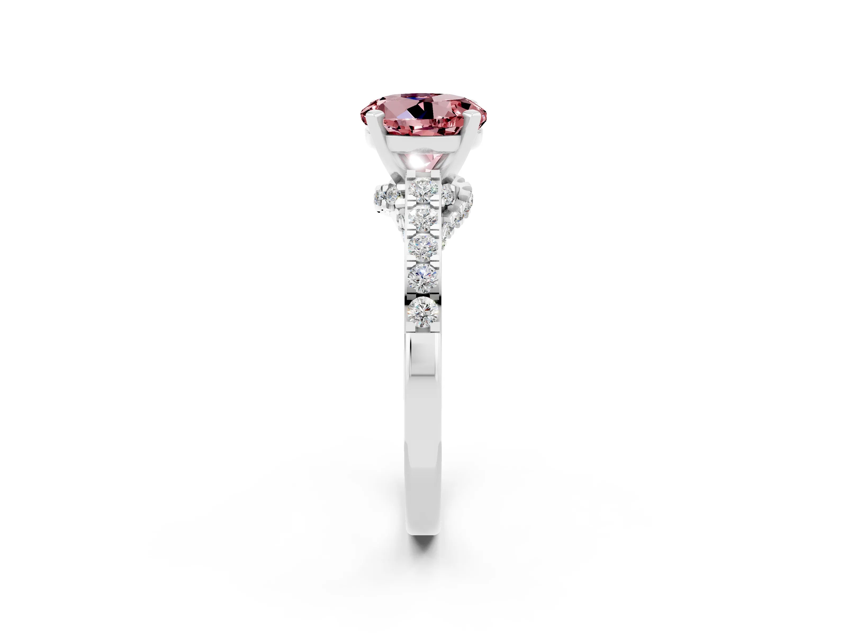 White gold Round Cut Diamond Solitaire Ring with Pavé Band and Prong Setting_2