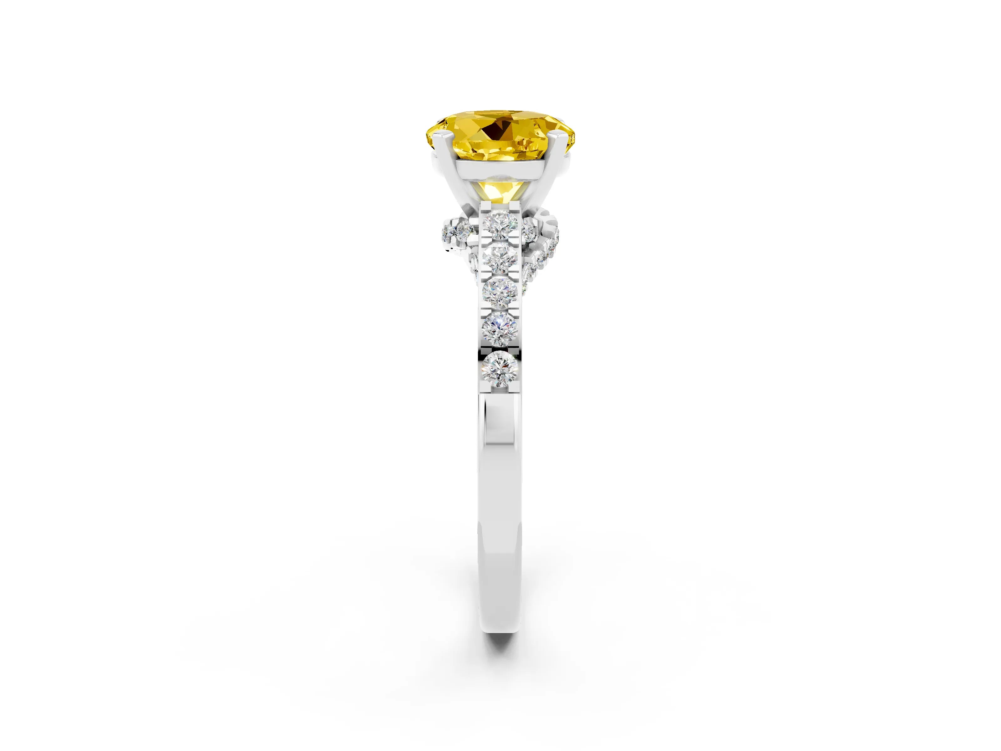 White gold Round Cut Diamond Solitaire Ring with Pavé Band and Prong Setting_2