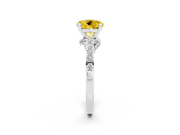 Silver Round Cut Yellow Sapphire Solitaire Ring with Crossover Gallery and Round  Pavé Band