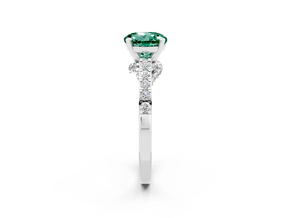White gold Round Cut Green Sapphire Solitaire Ring with Crossover Gallery and Round  Pavé Band
