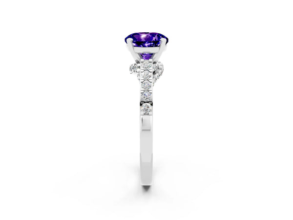 Silver Round Cut Tanzanite Solitaire Ring with Crossover Gallery and Round  Pavé Band