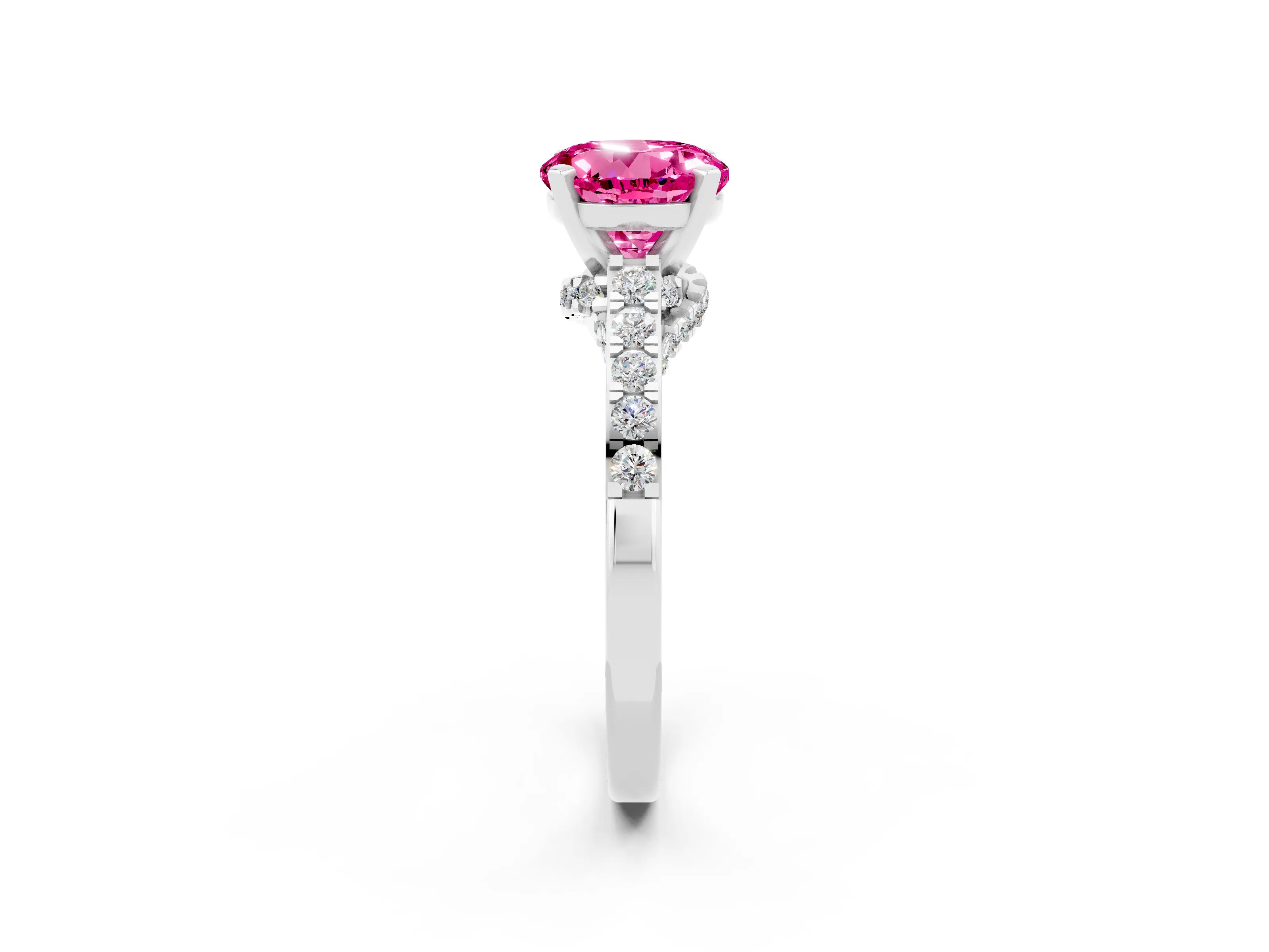 White gold Round Cut Diamond Solitaire Ring with Pavé Band and Prong Setting_2