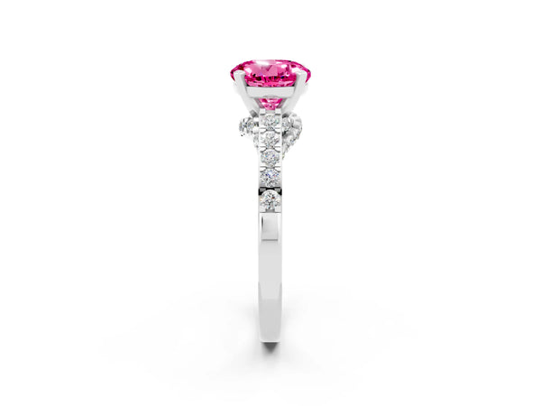 Platinum Round Cut Pink Sapphire Solitaire Ring with Crossover Gallery and Round  Pavé Band