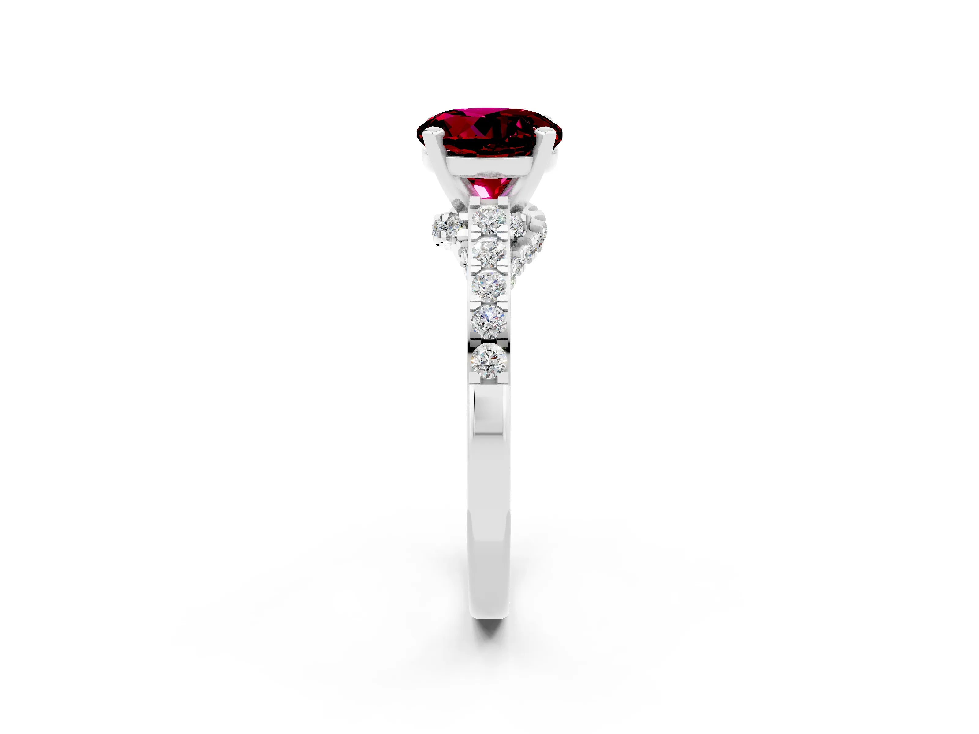 White gold Round Cut Diamond Solitaire Ring with Pavé Band and Prong Setting_2