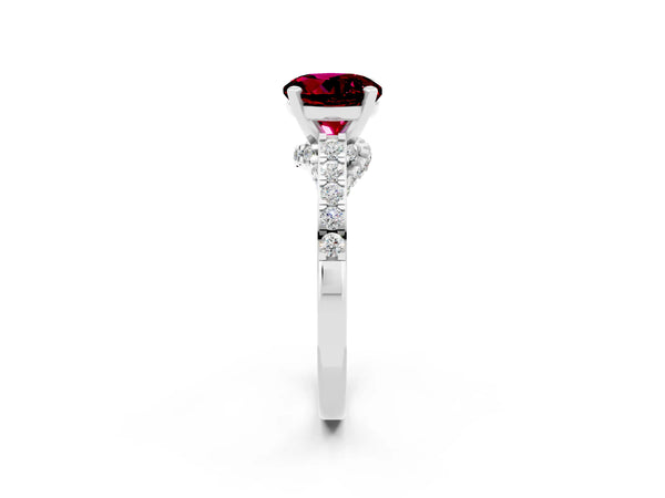 White gold Round Cut Garnet Solitaire Ring with Crossover Gallery and Round  Pavé Band