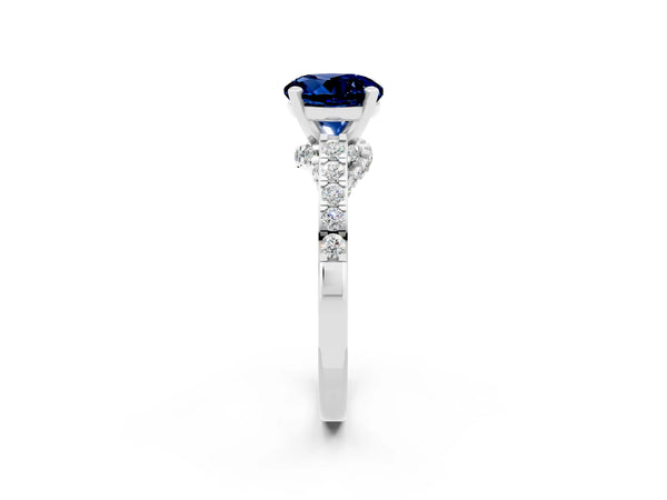 Silver Round Cut Blue Sapphire Solitaire Ring with Crossover Gallery and Round  Pavé Band