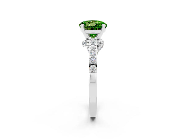 Platinum Round Cut Peridot Solitaire Ring with Crossover Gallery and Round  Pavé Band