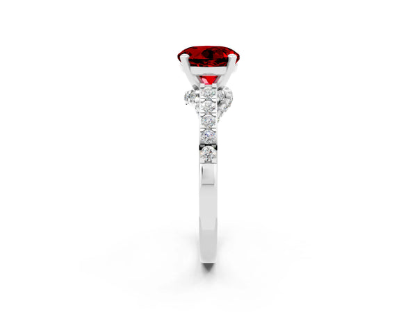 Platinum Round Cut Ruby Solitaire Ring with Crossover Gallery and Round  Pavé Band