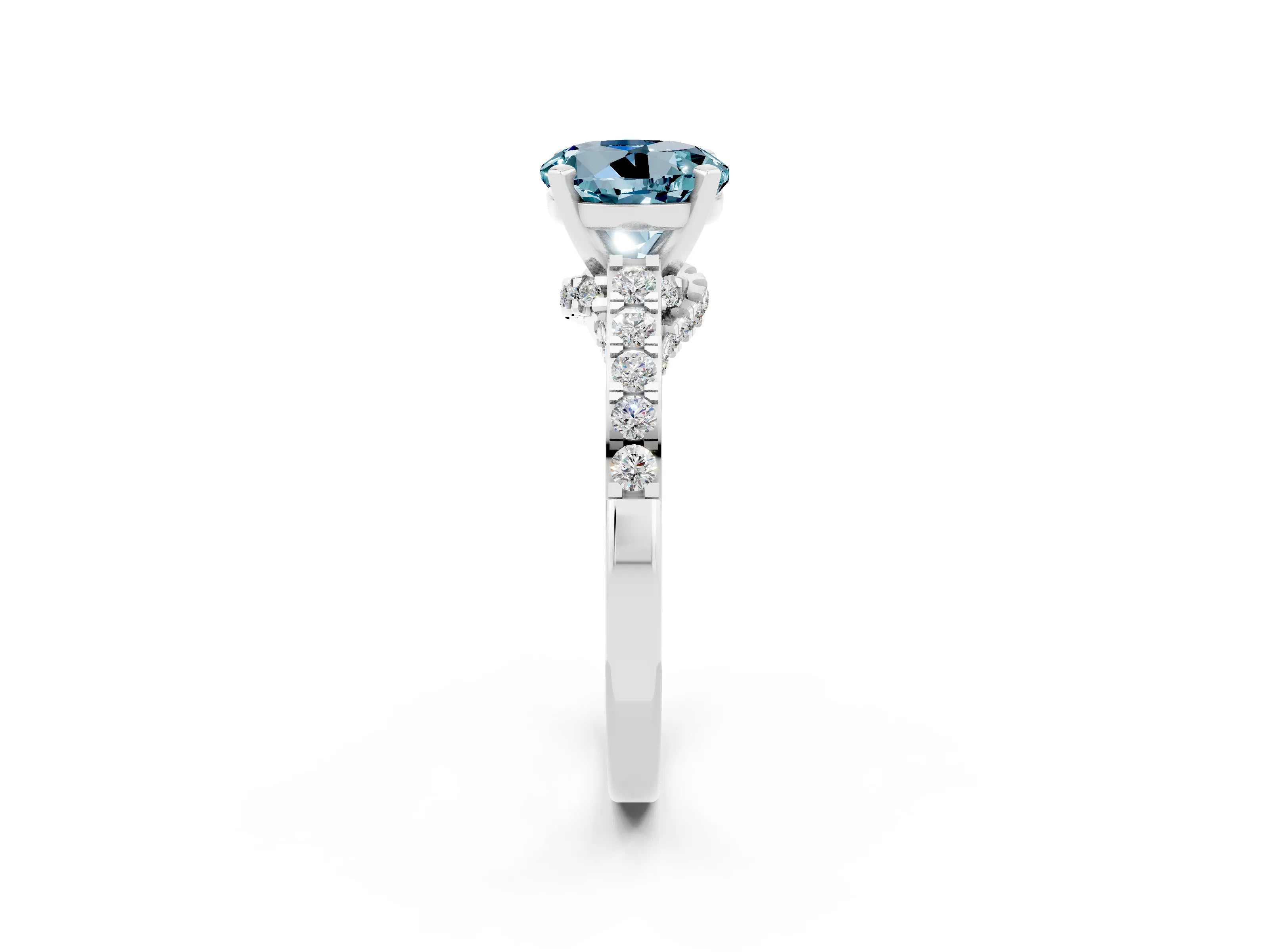 White gold Round Cut Diamond Solitaire Ring with Pavé Band and Prong Setting_2