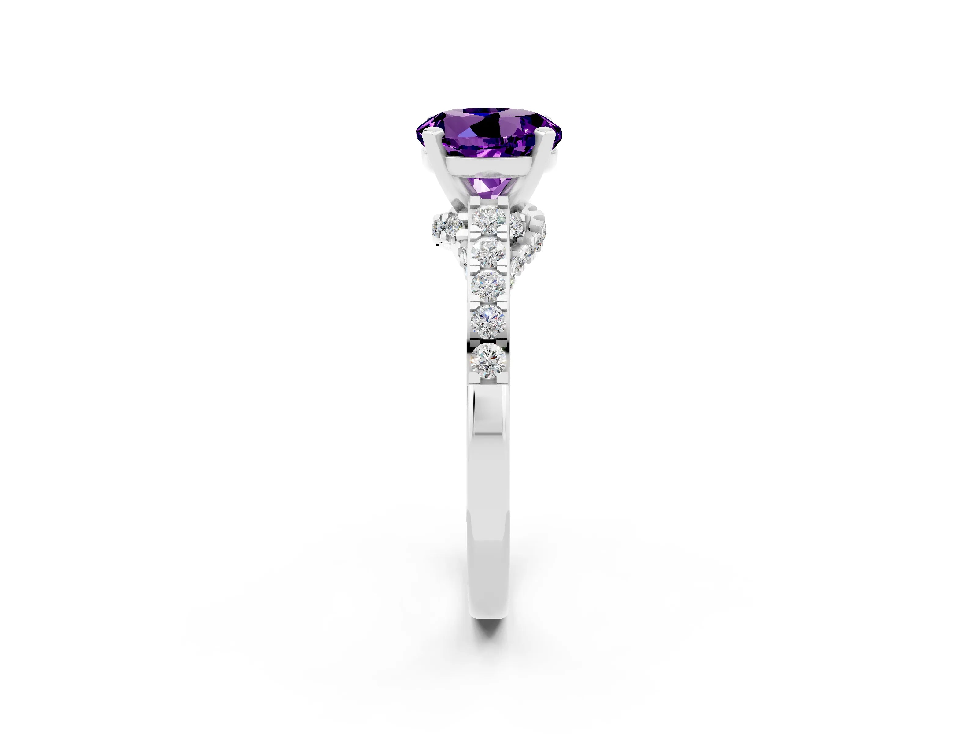 White gold Round Cut Diamond Solitaire Ring with Pavé Band and Prong Setting_2