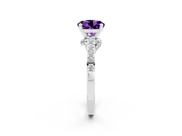 Silver Round Cut Amethyst Solitaire Ring with Crossover Gallery and Round  Pavé Band
