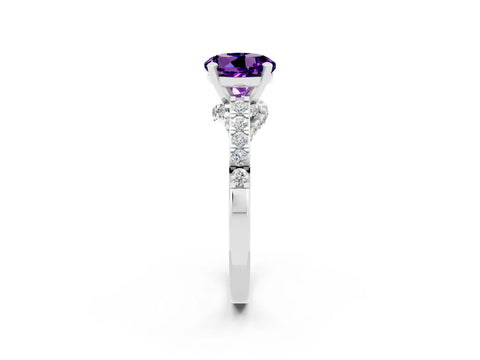White gold Round Cut Diamond Solitaire Ring with Pavé Band and Prong Setting_2
