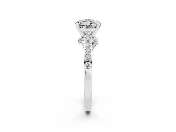 Silver Round Cut Moissanite Solitaire Ring with Crossover Gallery and Round  Pavé Band