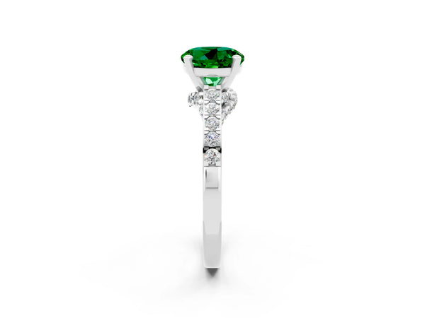 Platinum Round Cut Emerald Solitaire Ring with Crossover Gallery and Round  Pavé Band