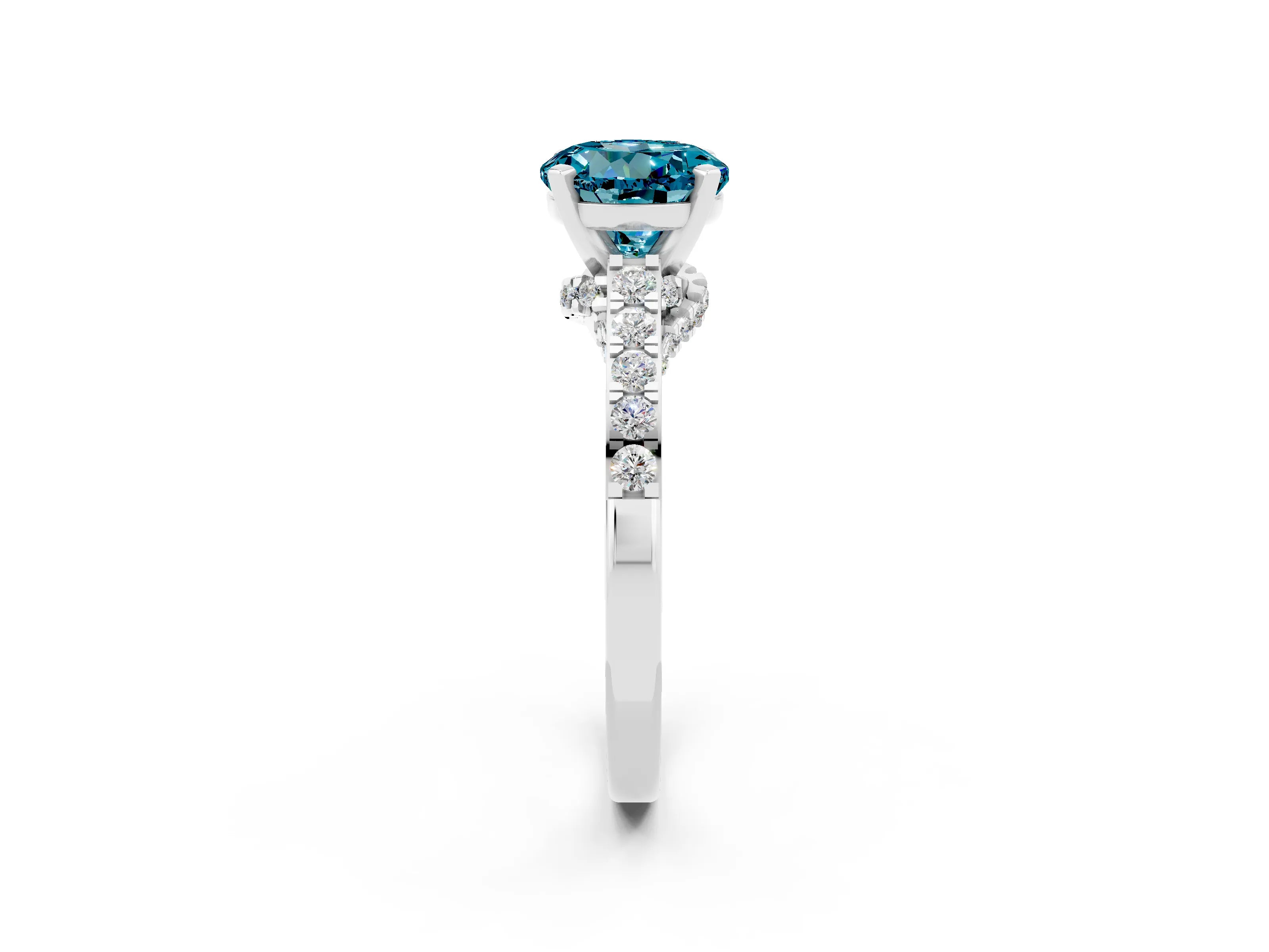 White gold Round Cut Diamond Solitaire Ring with Pavé Band and Prong Setting_2