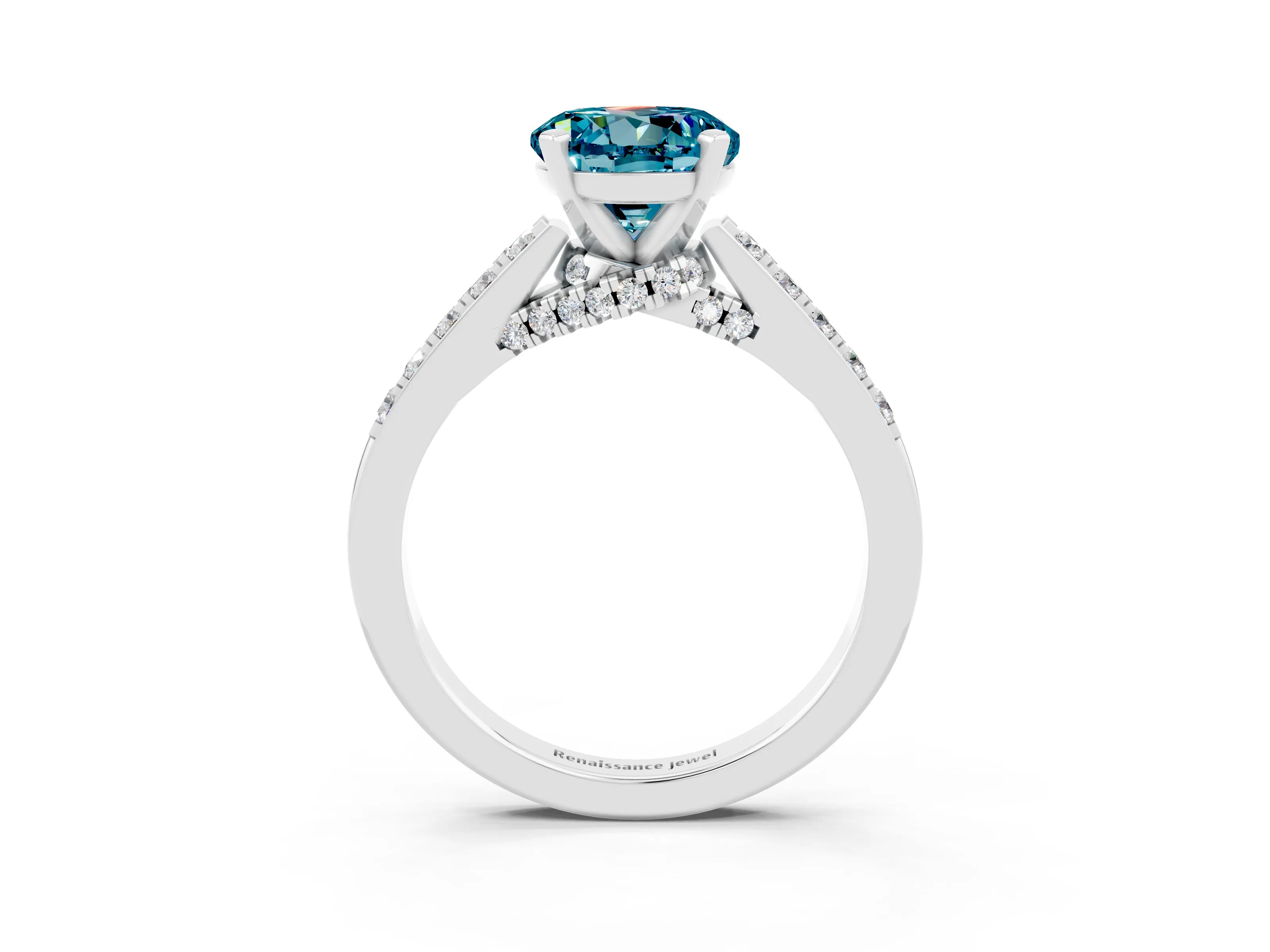 White gold Round Cut Diamond Solitaire Ring with Pavé Band and Prong Setting_3