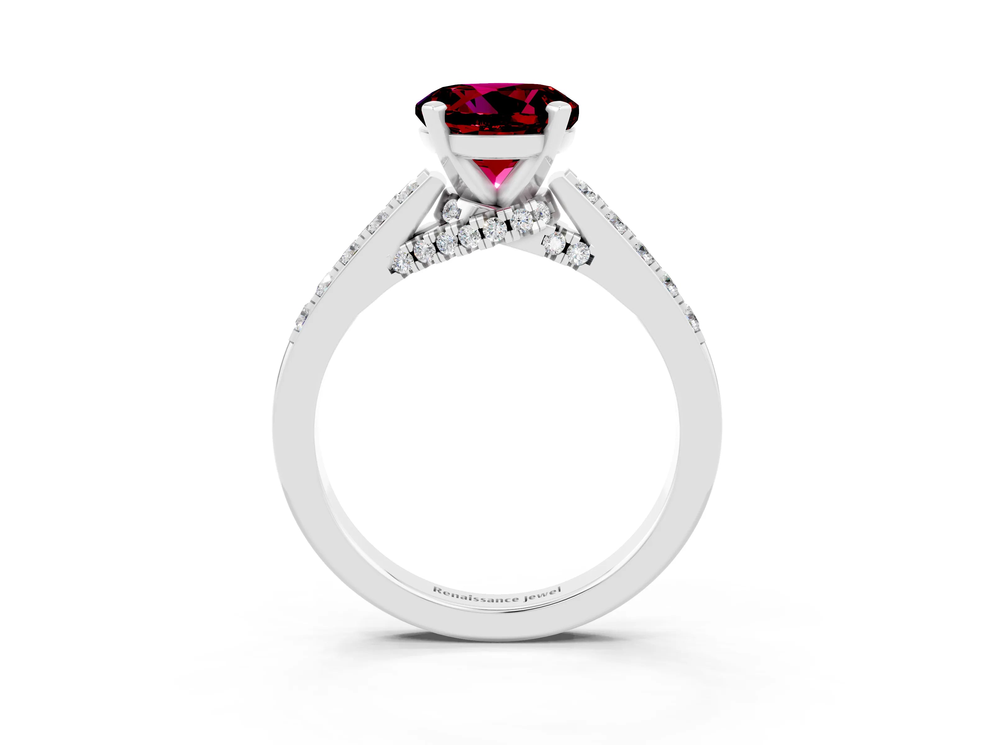 White gold Round Cut Diamond Solitaire Ring with Pavé Band and Prong Setting_3