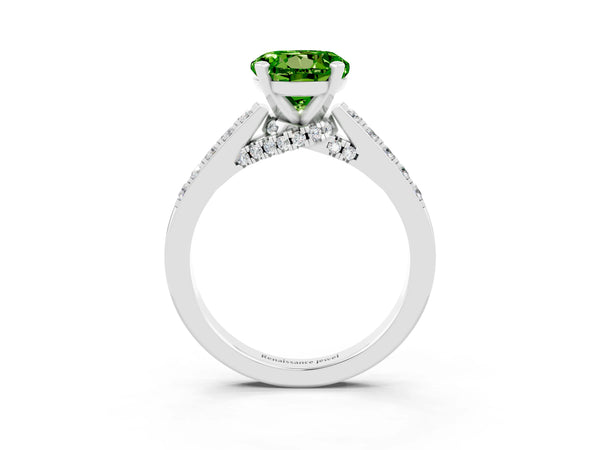 Platinum Round Cut Peridot Solitaire Ring with Crossover Gallery and Round  Pavé Band