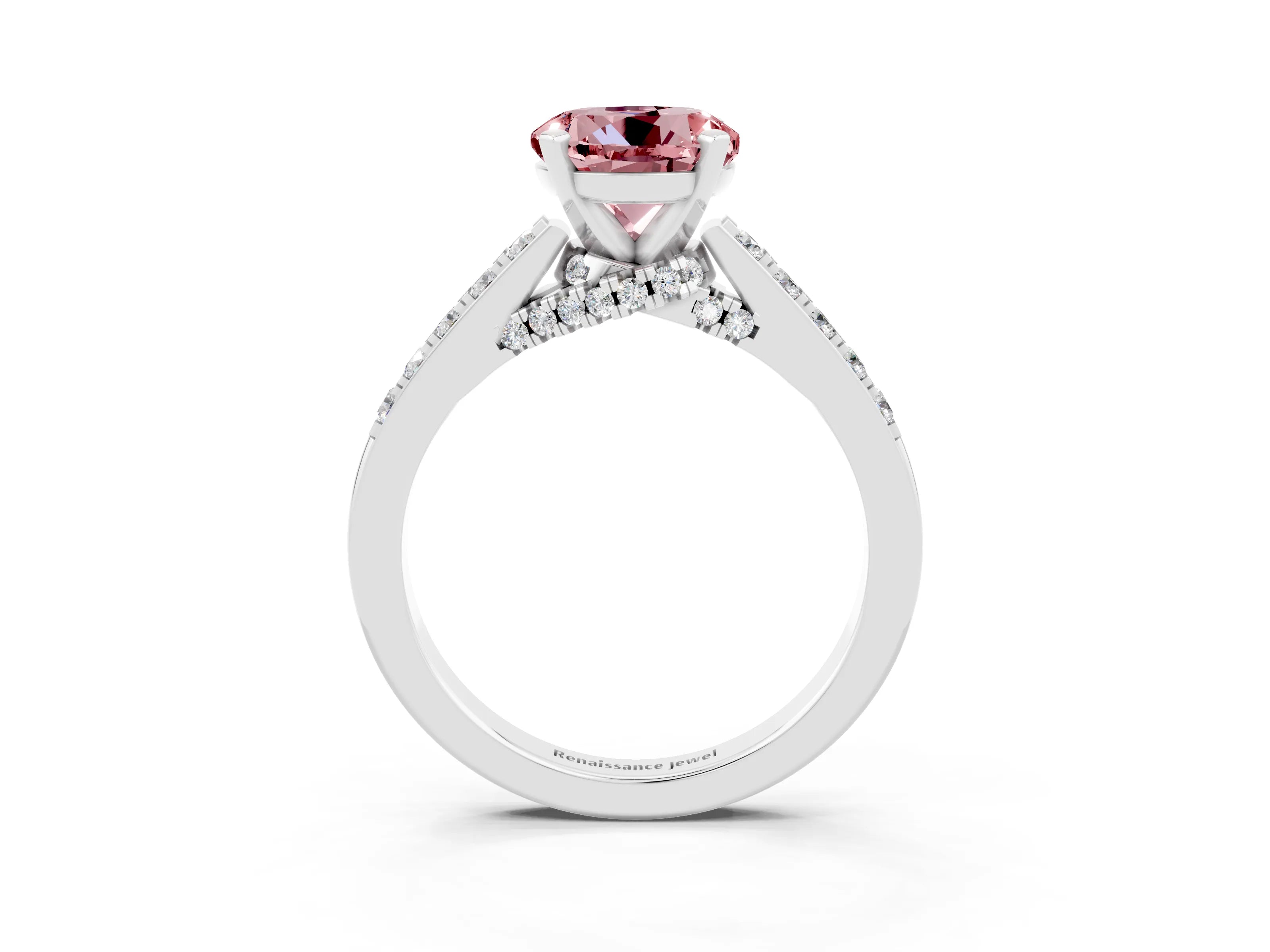 White gold Round Cut Diamond Solitaire Ring with Pavé Band and Prong Setting_3