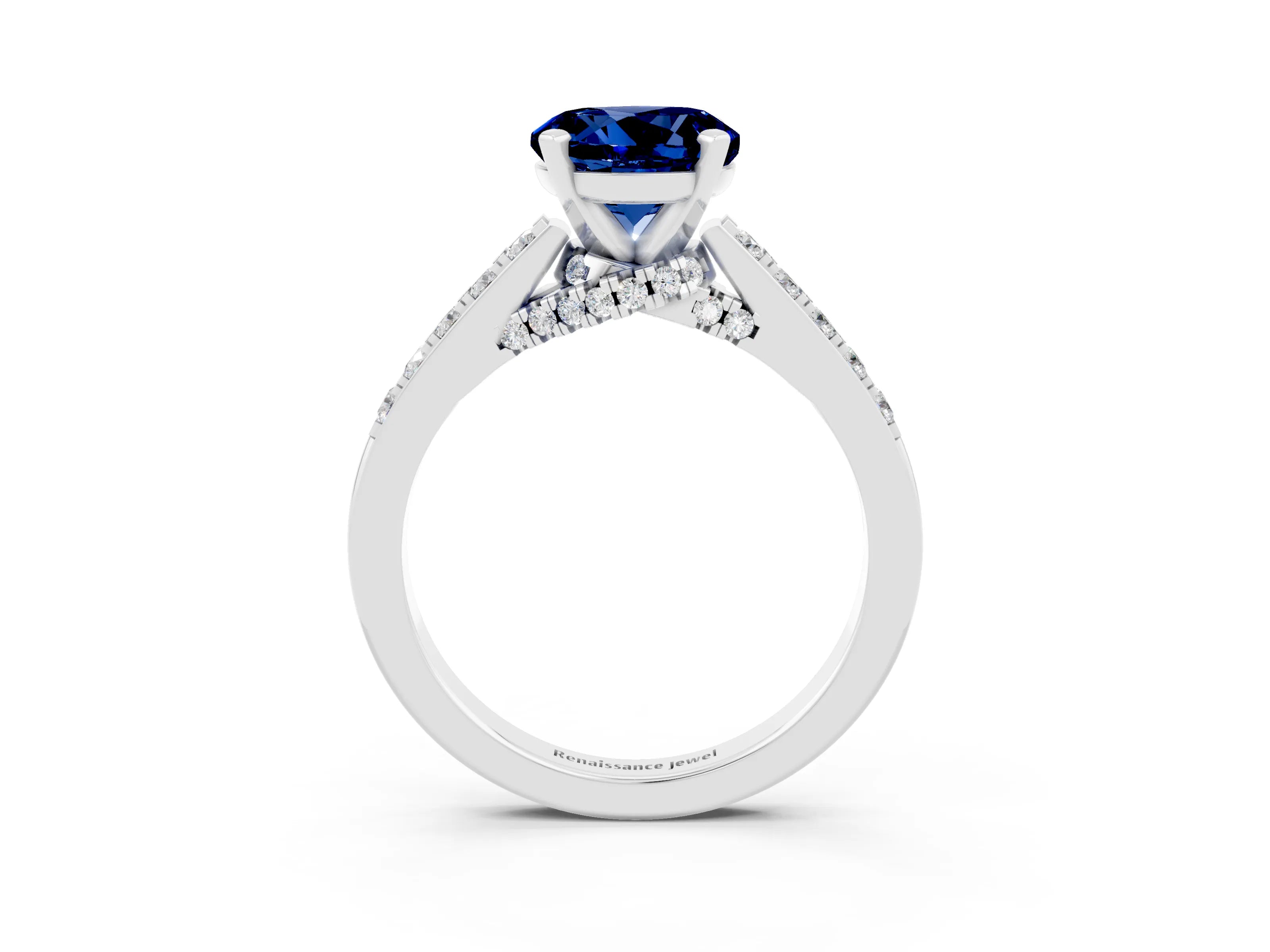 White gold Round Cut Diamond Solitaire Ring with Pavé Band and Prong Setting_3