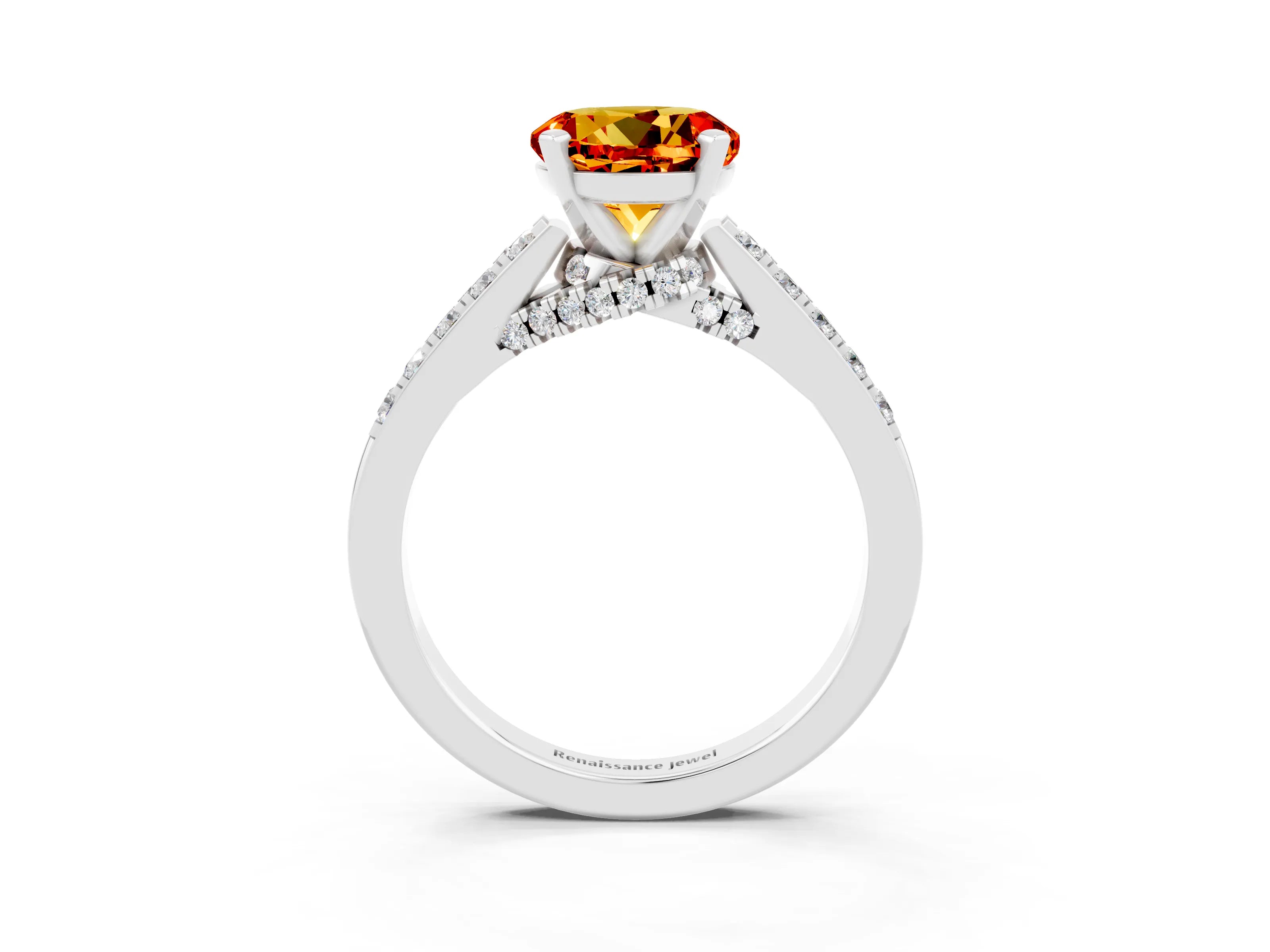 White gold Round Cut Diamond Solitaire Ring with Pavé Band and Prong Setting_3