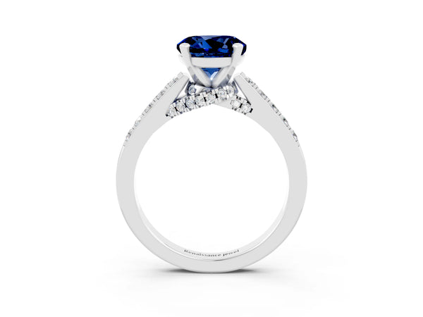 White gold Round Cut Blue Sapphire Solitaire Ring with Crossover Gallery and Round  Pavé Band