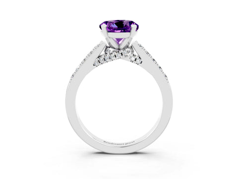 White gold Round Cut Diamond Solitaire Ring with Pavé Band and Prong Setting_3
