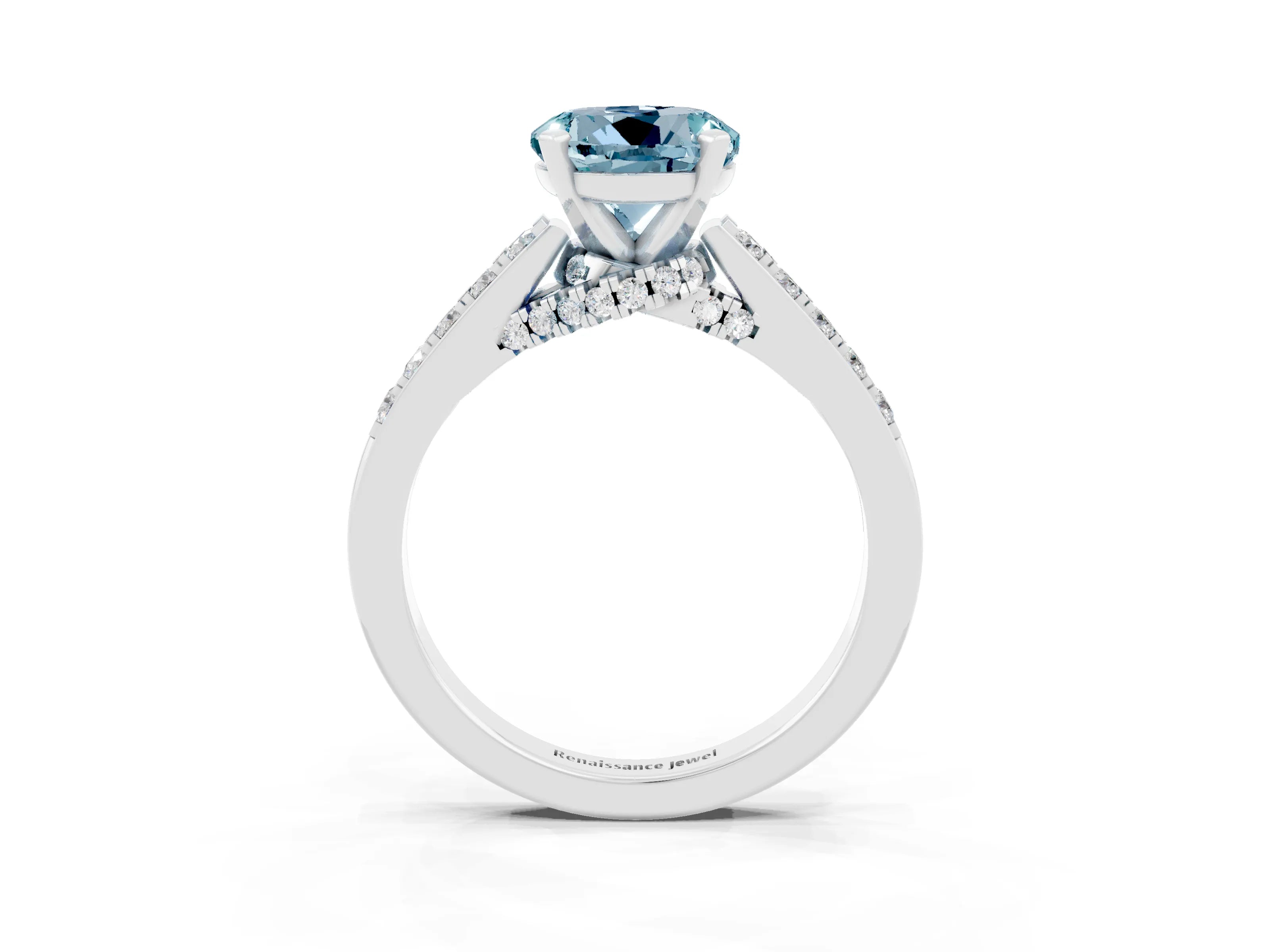 White gold Round Cut Diamond Solitaire Ring with Pavé Band and Prong Setting_3
