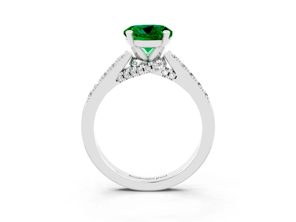 White gold Round Cut Emerald Solitaire Ring with Crossover Gallery and Round  Pavé Band