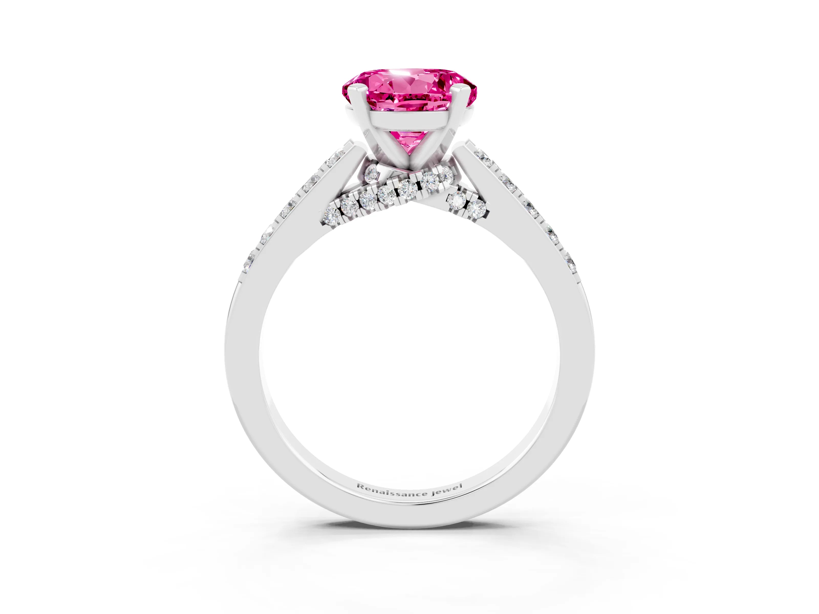 White gold Round Cut Diamond Solitaire Ring with Pavé Band and Prong Setting_3