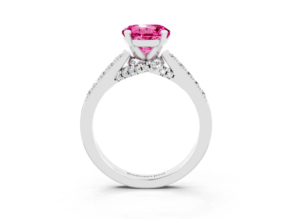 Platinum Round Cut Pink Sapphire Solitaire Ring with Crossover Gallery and Round  Pavé Band