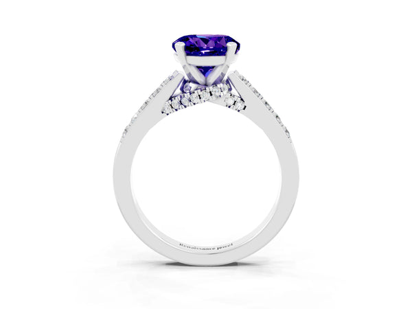 Silver Round Cut Tanzanite Solitaire Ring with Crossover Gallery and Round  Pavé Band