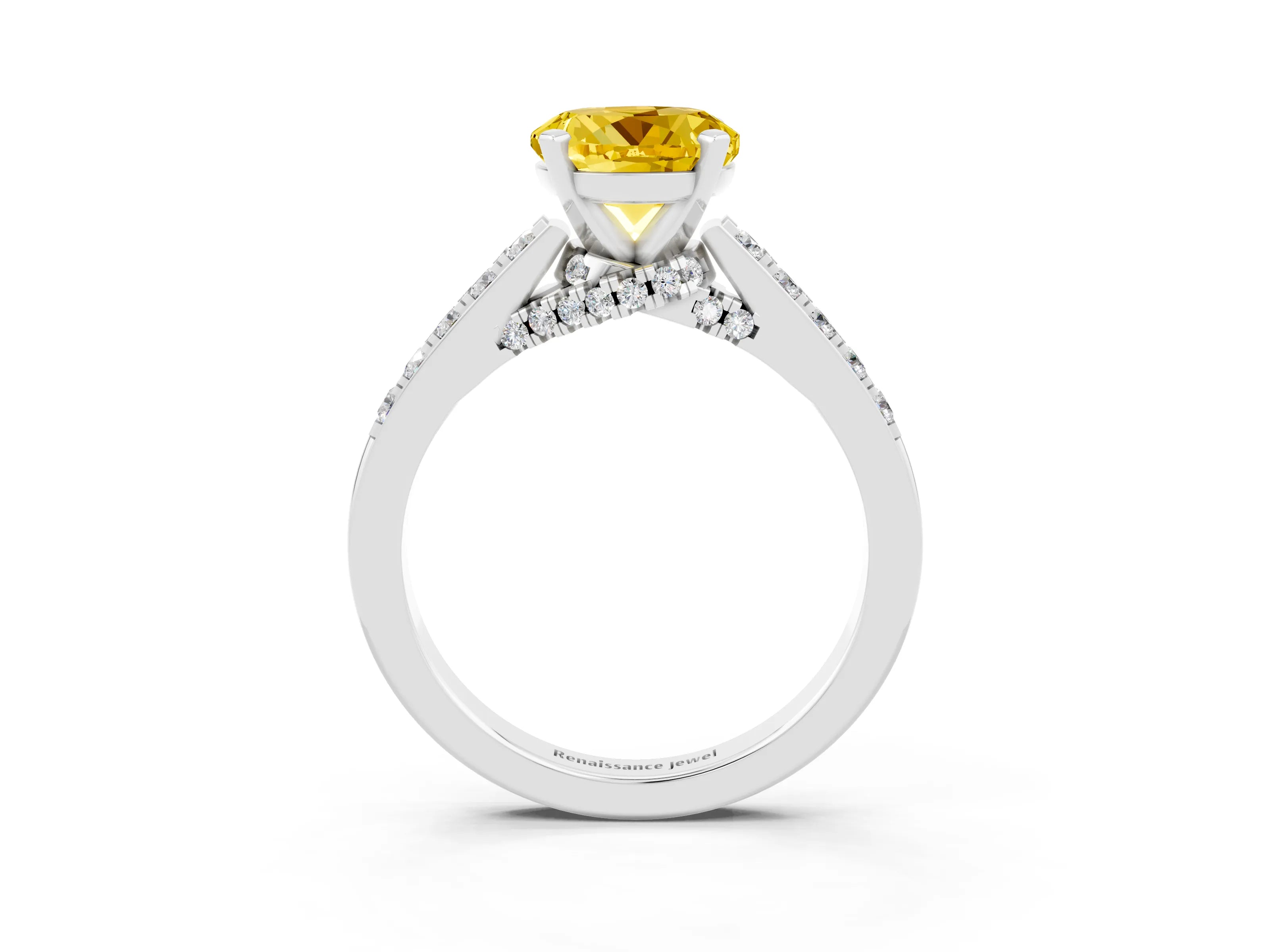 White gold Round Cut Diamond Solitaire Ring with Pavé Band and Prong Setting_3