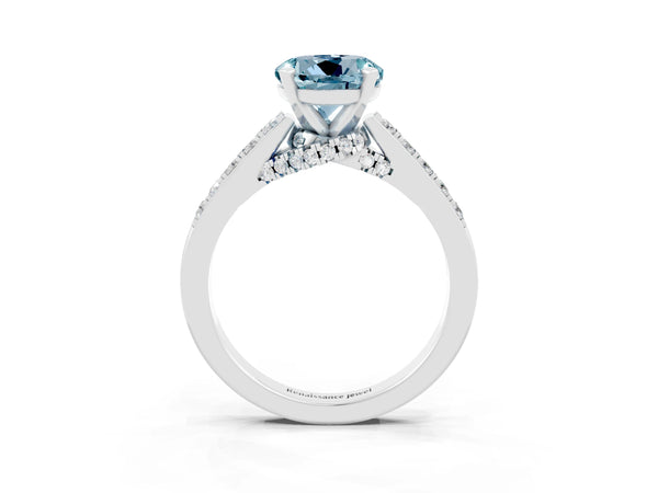 Platinum Round Cut Aquamarine Solitaire Ring with Crossover Gallery and Round  Pavé Band