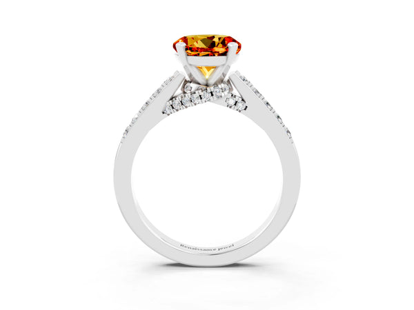White gold Round Cut Citrine Solitaire Ring with Crossover Gallery and Round  Pavé Band