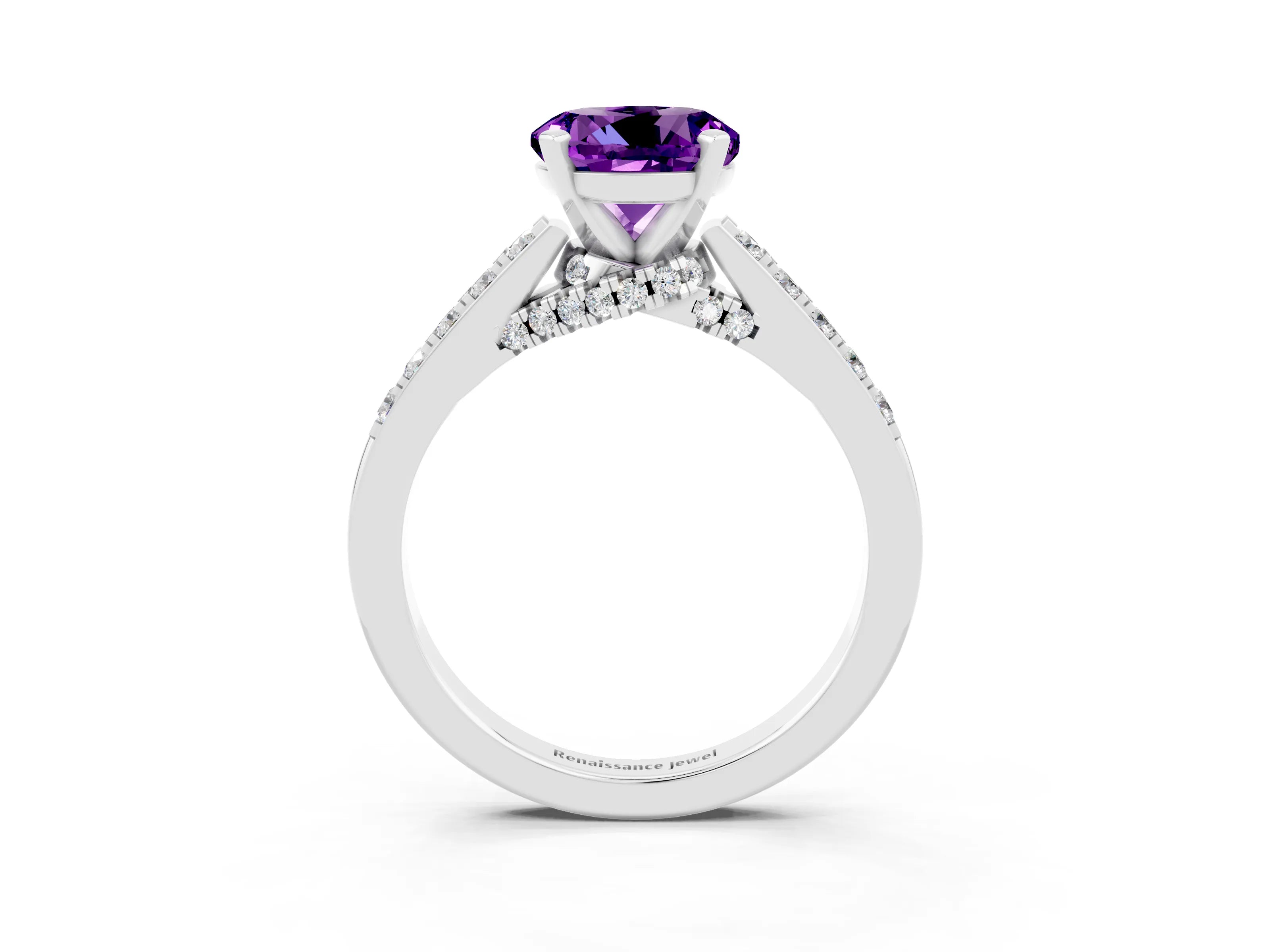 White gold Round Cut Diamond Solitaire Ring with Pavé Band and Prong Setting_3