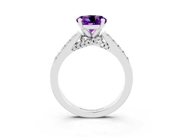 Silver Round Cut Amethyst Solitaire Ring with Crossover Gallery and Round  Pavé Band