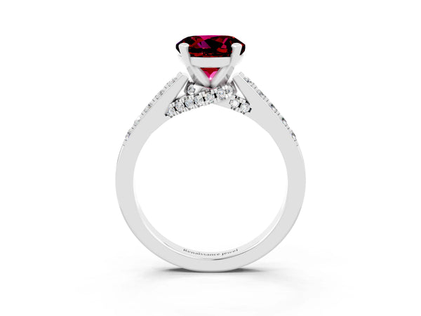 White gold Round Cut Garnet Solitaire Ring with Crossover Gallery and Round  Pavé Band