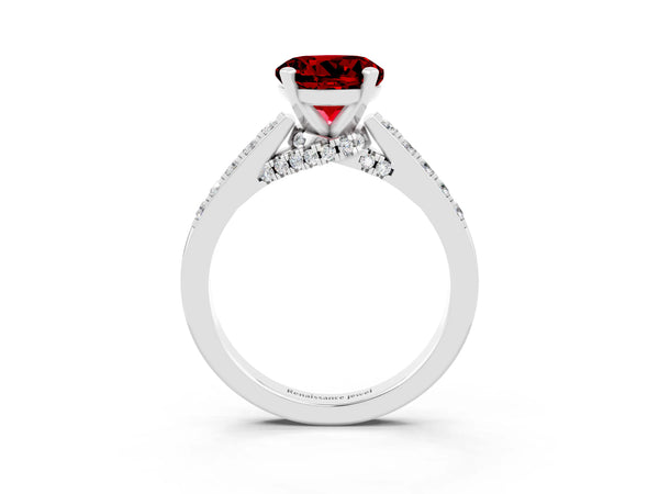Silver Round Cut Ruby Solitaire Ring with Crossover Gallery and Round  Pavé Band