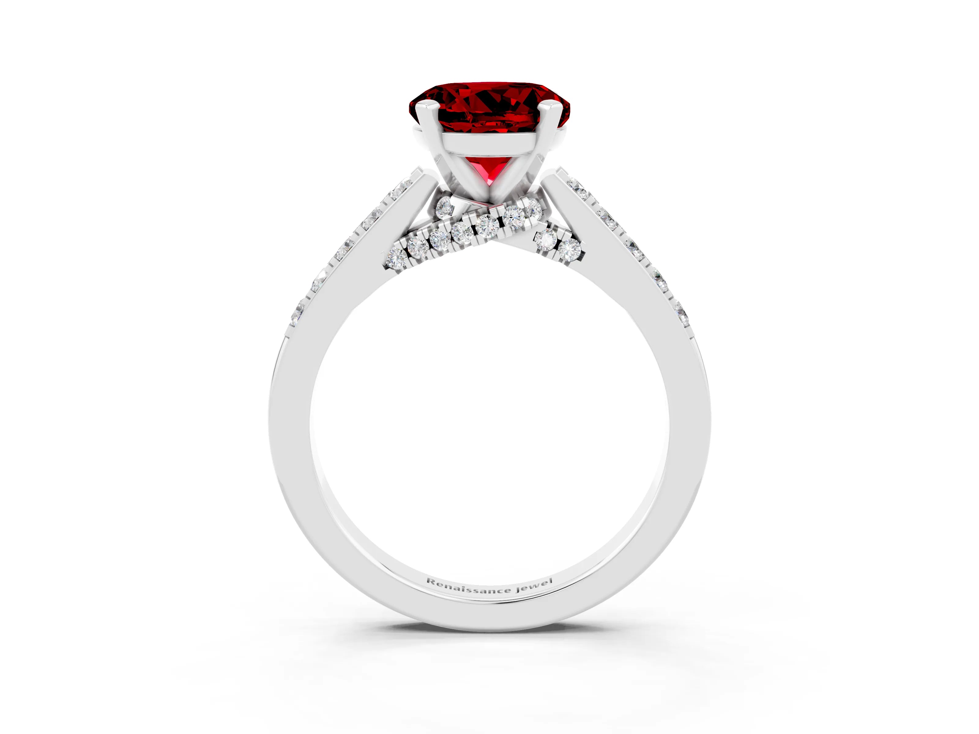 White gold Round Cut Diamond Solitaire Ring with Pavé Band and Prong Setting_3